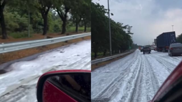 马国公路出现500米“雪景” 白色泡沫阻车道酿车龙