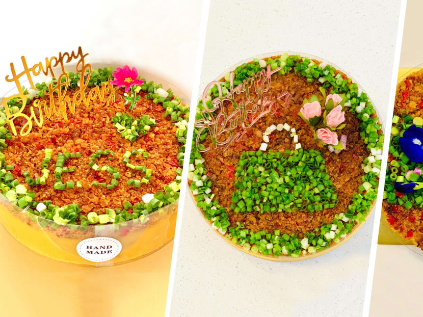Each cake is topped with preserved radish, hae bee hiam and amusingly decorated with spring onions.