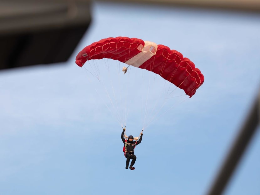 A Red Lion parachutist performing a freefall jump at the 2022 National Day Parade. A Red Lion parachutist performing a freefall jump at the 2022 National Day Parade.