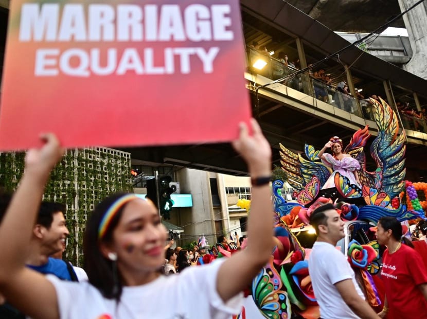 Members of the LGBTQIA+ community take part in a pride march in Bangkok on June 4, 2023.