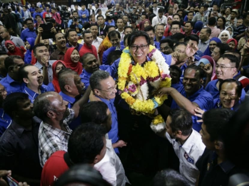 BN candidate Budiman Mohd Zohdi celebrating his victory in the Sungai Besar by-election, June 18, 2016. Malay Mail Online