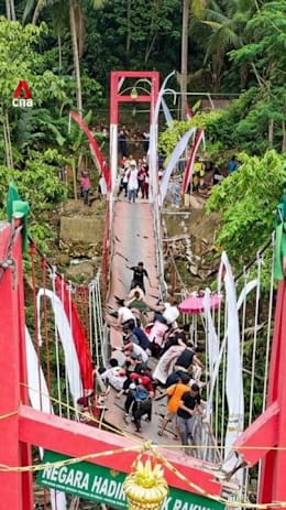 Newly inaugurated suspension bridge gives way in Indonesia