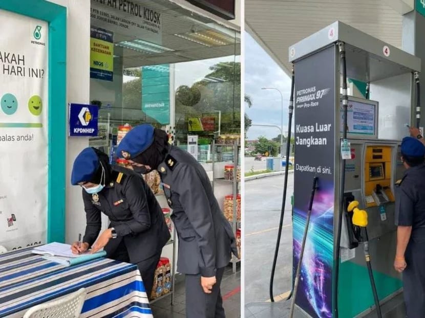 Malaysia government officials doing enforcement checks at Johor Bahru petrol stations. Malaysia government officials doing enforcement checks at Johor Bahru petrol stations.