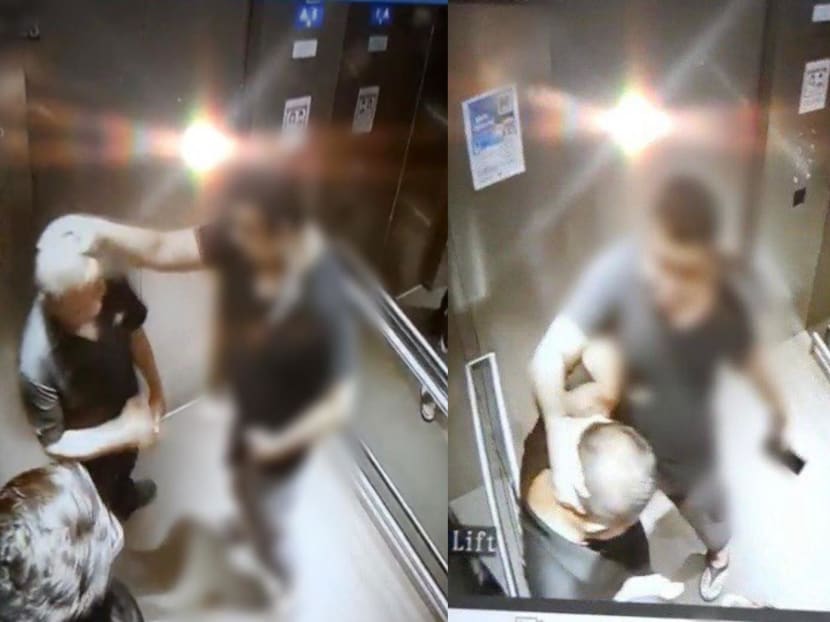 In photos that accompanied a Facebook post about the alleged assault, a man in a dark-coloured T-shirt can be seen grabbing Mr Afinde Mohammed’s head while in a lift. In photos that accompanied a Facebook post about the alleged assault, a man in a dark-coloured T-shirt can be seen grabbing Mr Afinde Mohammed’s head while in a lift.
