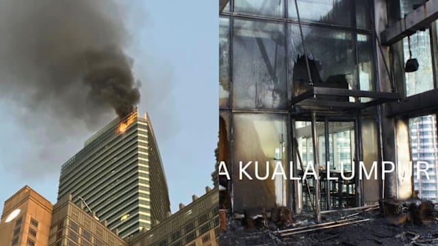 吉隆坡国油第三大厦着火 顶楼碎片直坠路面