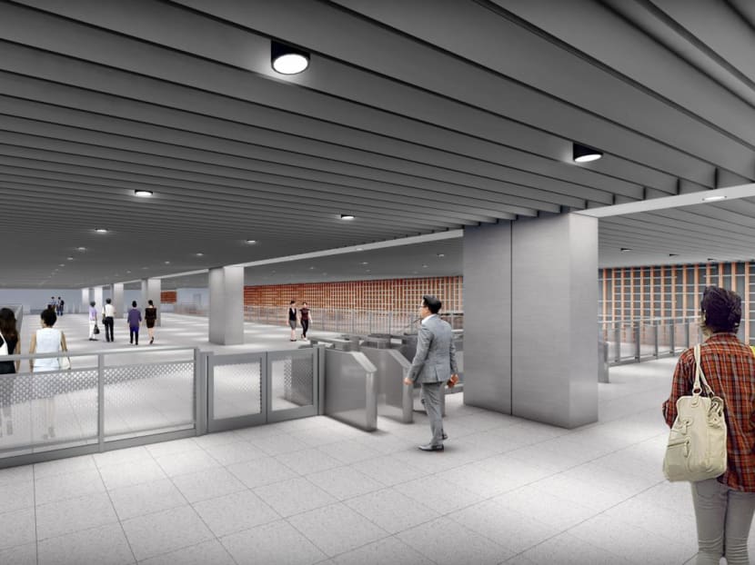 An artist's impression of the interior of an MRT station from the first phase of the Cross Island Line. An artist's impression of the interior of an MRT station from the first phase of the Cross Island Line.