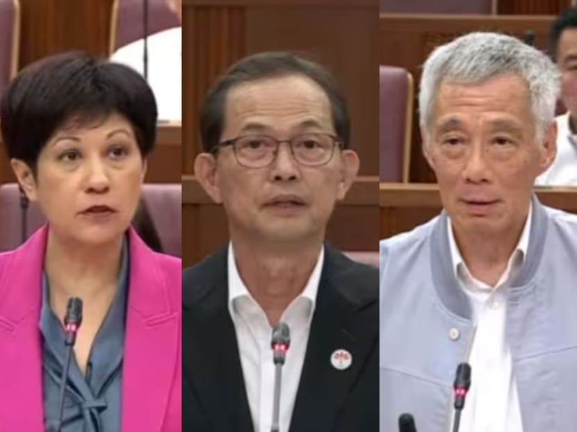 (From left to right) Second Minister for Finance Indranee Rajah, Progress Singapore Party secretary-general Leong Mun Wai and Prime Minister Lee Hsien Loong spoke during a seven-hour debate in Parliament on Feb 7, 2024. (From left to right) Second Minister for Finance Indranee Rajah, Progress Singapore Party secretary-general Leong Mun Wai and Prime Minister Lee Hsien Loong spoke during a seven-hour debate in Parliament on Feb 7, 2024.