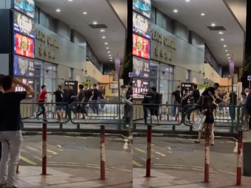 In a video uploaded to Facebook by Mr Patrick Tan, a group of more than 15 people can be seen gathered outside Peace Centre where a fight was ongoing, with some trying to disperse the group and calm the situation down. In a video uploaded to Facebook by Mr Patrick Tan, a group of more than 15 people can be seen gathered outside Peace Centre where a fight was ongoing, with some trying to disperse the group and calm the situation down.