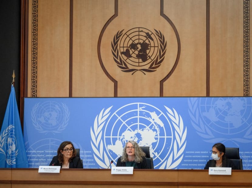 Chief of the Rule of Law, Equality and Non-Discrimination Branch in the Office of the High Commissioner for Human Rights Mona Rishmawi, Director of thematic engagement Peggy Hicks and Racial justice team leader Sara Hamood attend the presentation of a report of the United Nations High Commissioner for Human Rights on racial justice and equality, in the aftermath of the murder of George Floyd, on June 28, 2021 in Geneva.