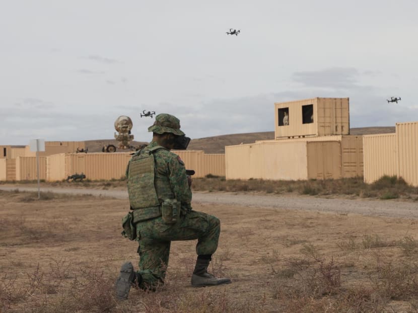 The Singapore Armed Forces using drone swarm technologies at Exercise Forging Sabre in Idaho, United States, from Sept 11 to 30. Drone swarm refers to the ability of a group of drones to autonomously coordinate as a team to achieve a mission objective, such as area surveillance. The Singapore Armed Forces using drone swarm technologies at Exercise Forging Sabre in Idaho, United States, from Sept 11 to 30. Drone swarm refers to the ability of a group of drones to autonomously coordinate as a team to achieve a mission objective, such as area surveillance.