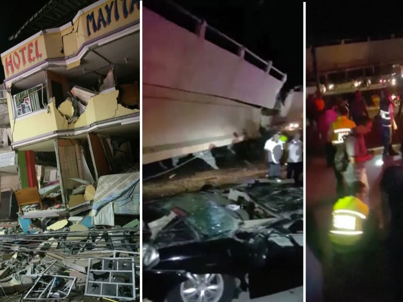 (From left) A hotel barely stands after an earthquake in the town of Manta, Ecuador. People look over a car that was crushed when an overpass buckled in Guayaquil, Ecuador. Photos: AP, APTN via AP