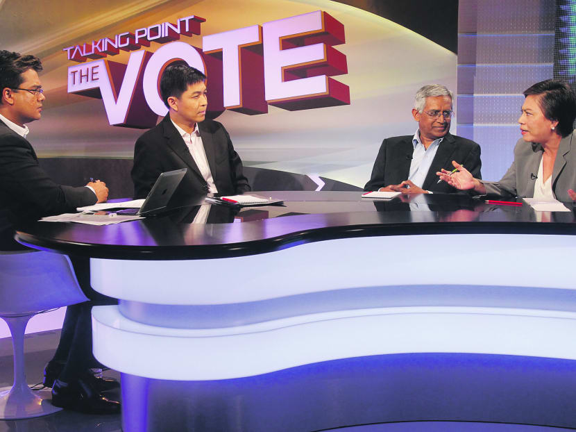 (From left) Talking Point host Daniel Martin , Mr Tan Chuan-Jin, Prof Arun Mahizhnan and Ms Bertha Henson. Photo: Ooi Boon Keong