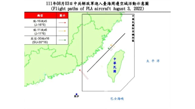 台军：中国大陆22架军机 穿越台海中线