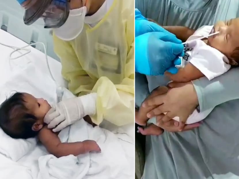 Madam Siti Hawa said that one of the most heartrending moments was seeing her newborn (pictured), who was infected with Covid-19, undergoing repeated rounds of nasal swab tests and having her blood drawn. Madam Siti Hawa said that one of the most heartrending moments was seeing her newborn (pictured), who was infected with Covid-19, undergoing repeated rounds of nasal swab tests and having her blood drawn.