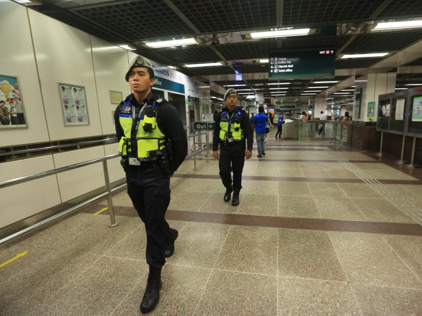 Police patrolling City Hall MRT station on Jan 15. Photo: Koh Mui Fong