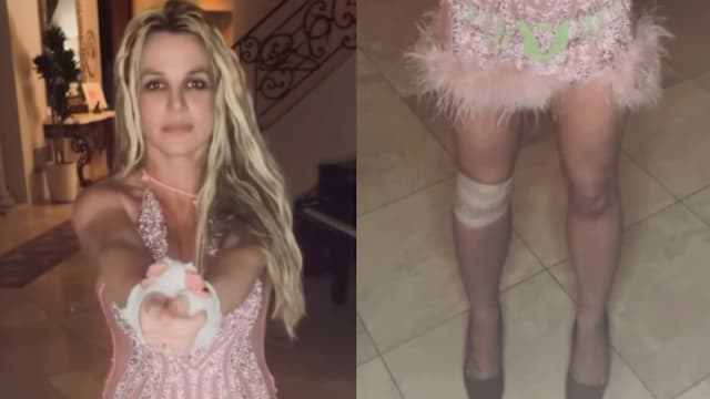 Britney Spears右膝缠绷带入镜，惊爆跌落楼梯疑骨折