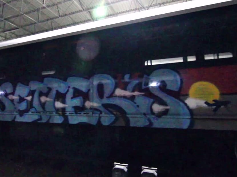 An image taken from the online video by Utah and Ether showing the words "jet setter's" painted on an SMRT train in Bishan.