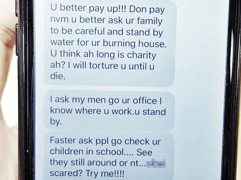A screenshot of the messages sent by an unlicensed money lender to Mdm Tan. Between January and April 2018, harassment cases without damage to property by loansharks increased 17.5 per cent to 942 cases as compared to the same period in 2017.