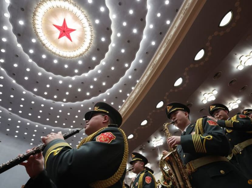 Military band members rehearse on the day of the opening session of the Chinese People's Political Consultative Conference (CPPCC) at the Great Hall of the People in Beijing, China on March 4, 2024.