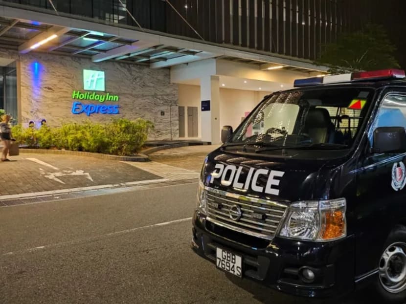 A police vehicle parked in front of Holiday Inn Express Singapore Katong along East Coast Road on Sept 9, 2023.