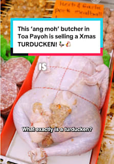 Where to find a TURDUCKEN in Singapore?! This dramatic festive dish consists of a chicken stuffed within a duck stuffed within a turkey… layered with sausage stuffing!  Toa Payoh wet market ‘ang moh’ butcher Adam Speering, who hails from Sydney, makes this by hand, and customers just need to pop it in the oven at home to get an impressive Christmas centrepiece!  The friendly butcher and his wife Ann can also recommend cooking tips as well as more ready-made party-friendly items like hams, lamb crown and beef/salmon wellingtons! #8dayseattrending #christmas #turducken #tiktoksg 