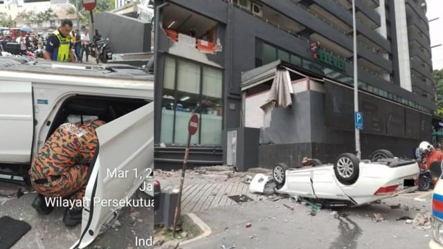 马国女司机疑误踩油门 撞破二楼围墙坠地翻覆受伤