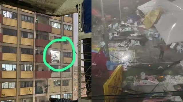 马国组屋12楼整幅墙被狂风卷走