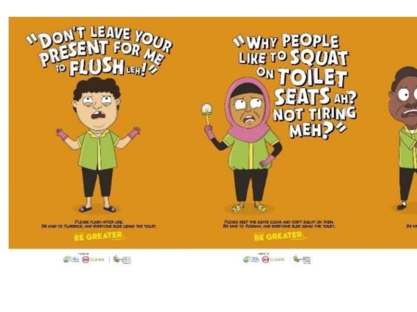 Three posters in the Singapore Kindness Movement's "clean toilet project" series. A fourth poster features all three characters in one poster.